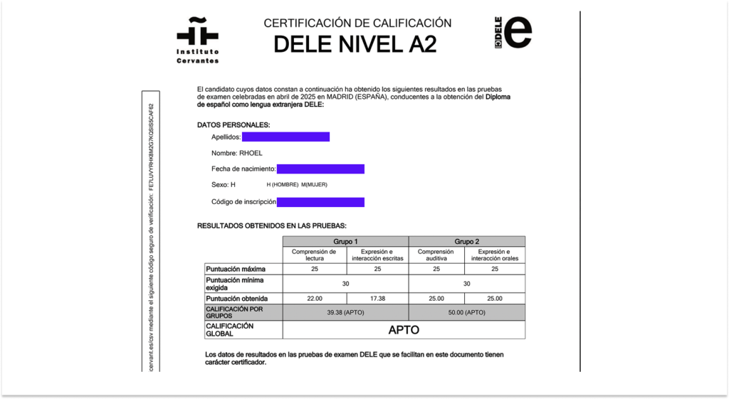 My Spanish DELE A2 exam result