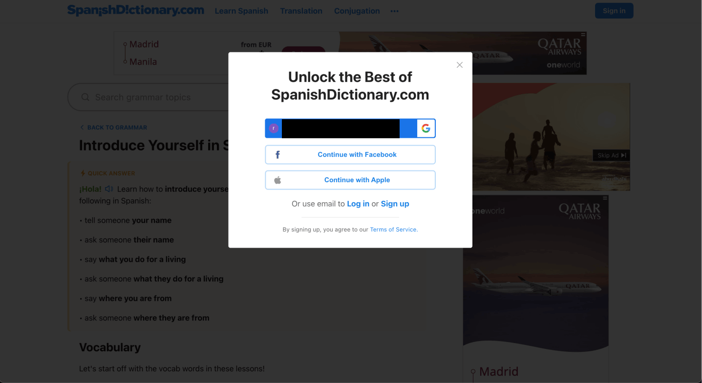 SpanishDictionary Sign-up Page